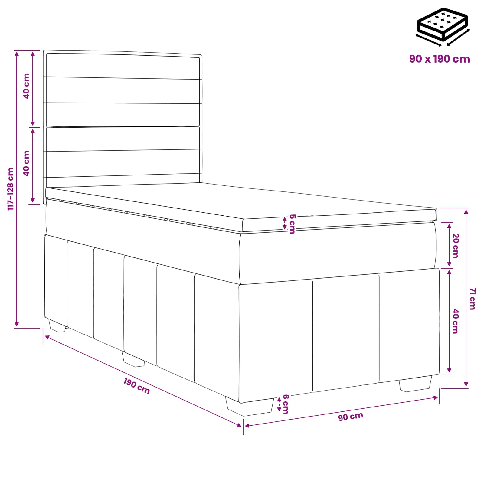 vidaXL Łóżko z box spring LED z materacem Czarny 90 x 190 cm tkanina