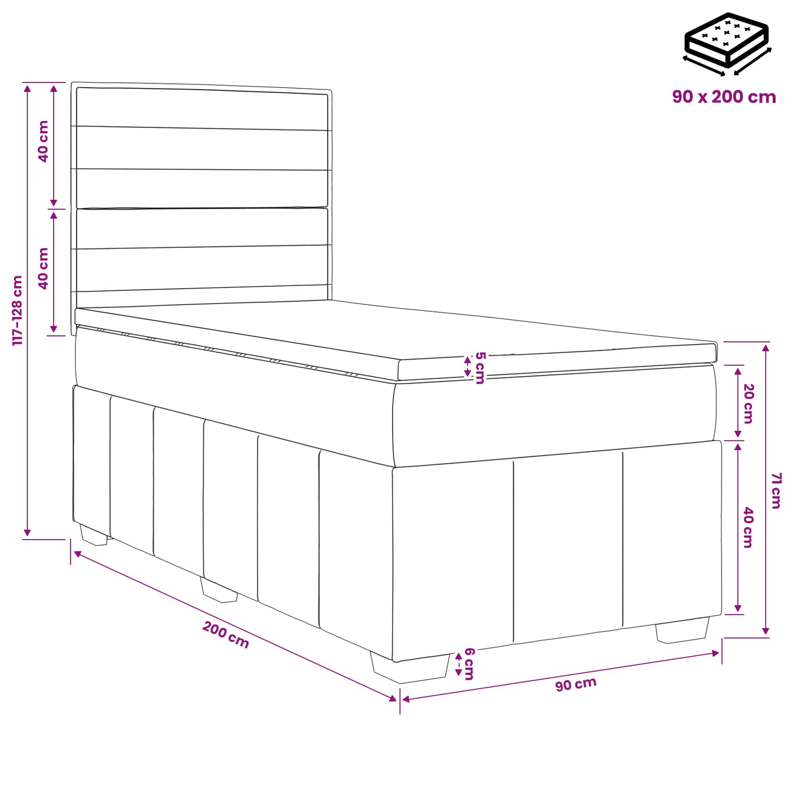 vidaXL Łóżko z box spring LED z materacem Czarny 90 x 200 cm tkanina