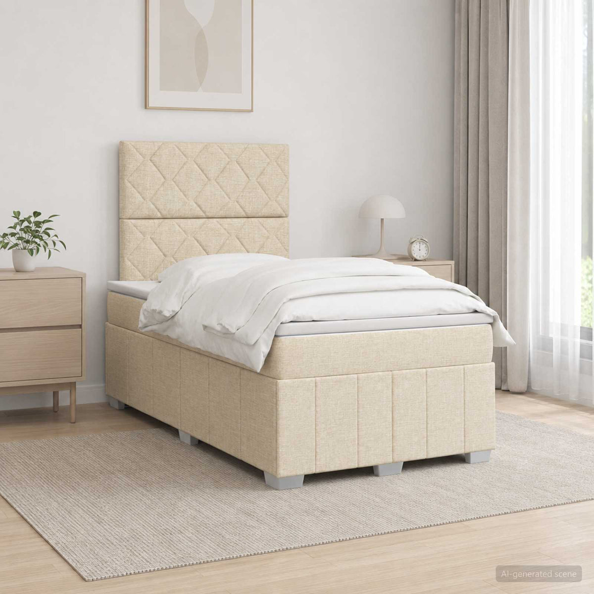vidaXL Łóżko z box spring LED z materacem kremowy 120 x 200 cm tkanina