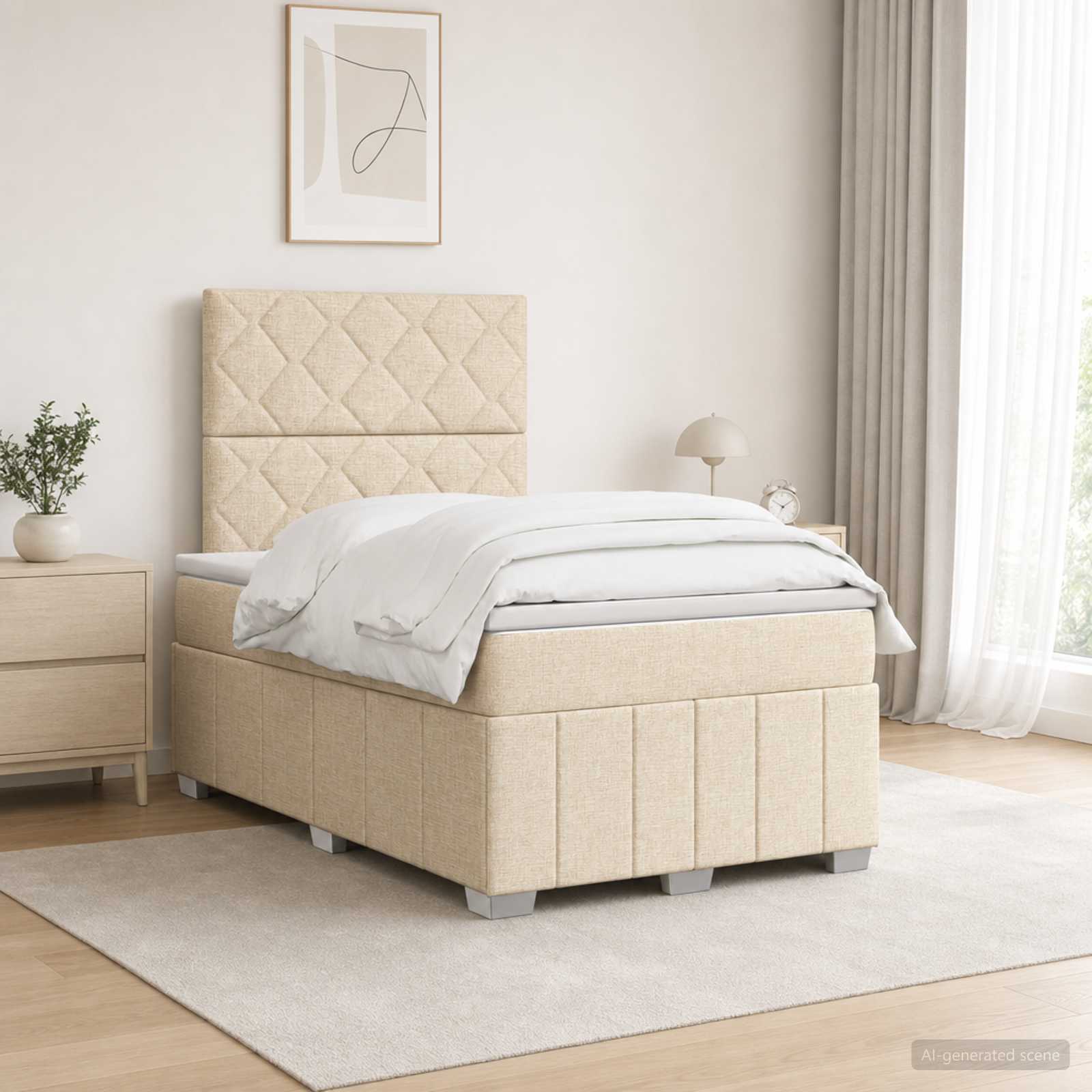 vidaXL Łóżko z box spring LED z materacem kremowy 120 x 190 cm tkanina