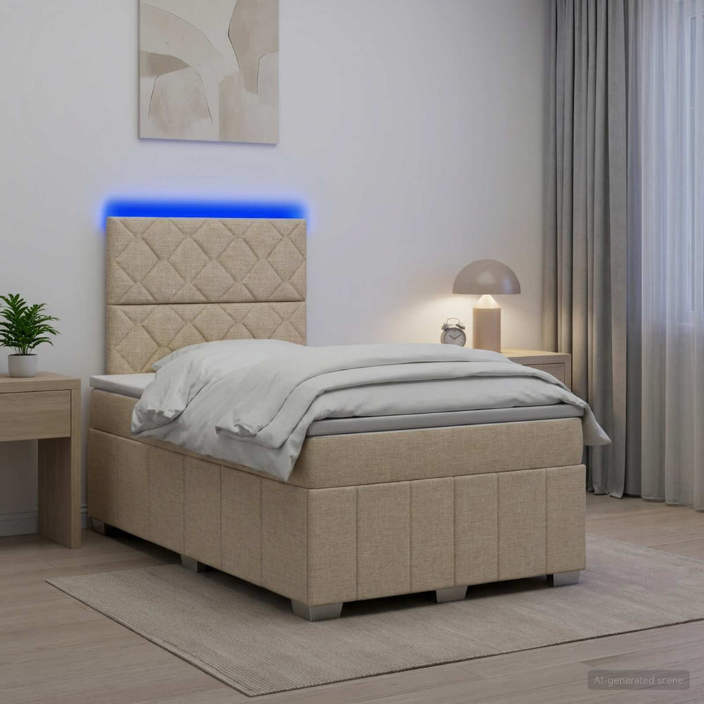 vidaXL Łóżko z box spring LED z materacem kremowy 120 x 190 cm tkanina
