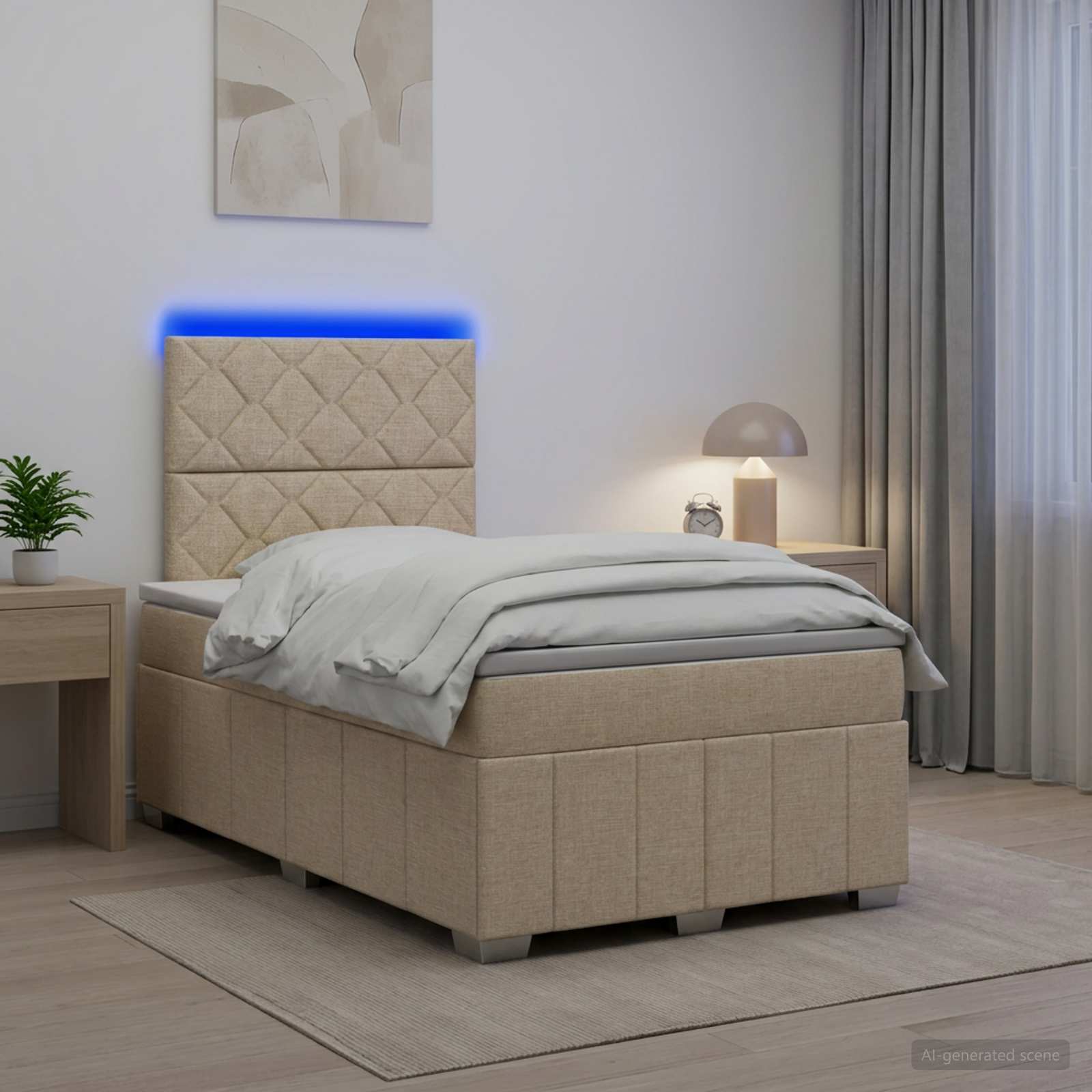 vidaXL Łóżko z box spring LED z materacem kremowy 120 x 190 cm tkanina