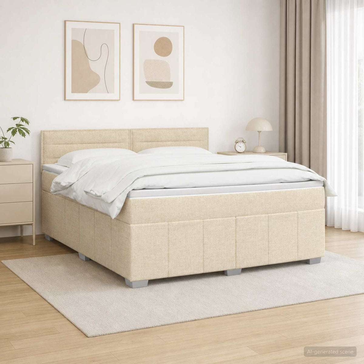 vidaXL Łóżko z box spring LED z materacem kremowy 140 x 190 cm tkanina