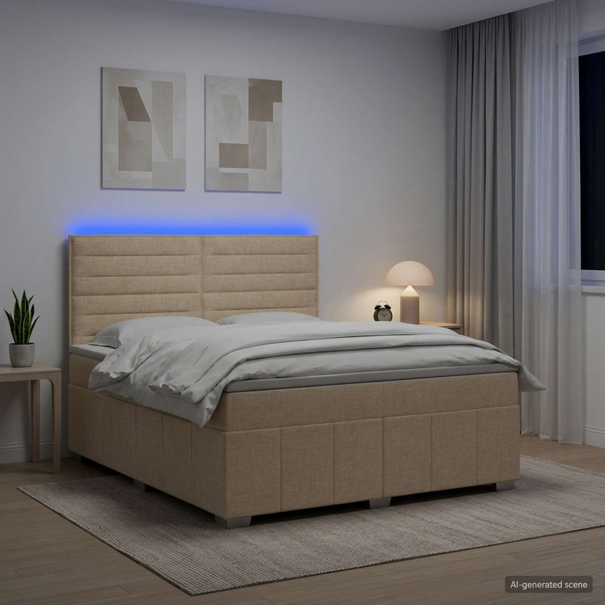 vidaXL Łóżko z box spring LED z materacem kremowy 140 x 200 cm tkanina