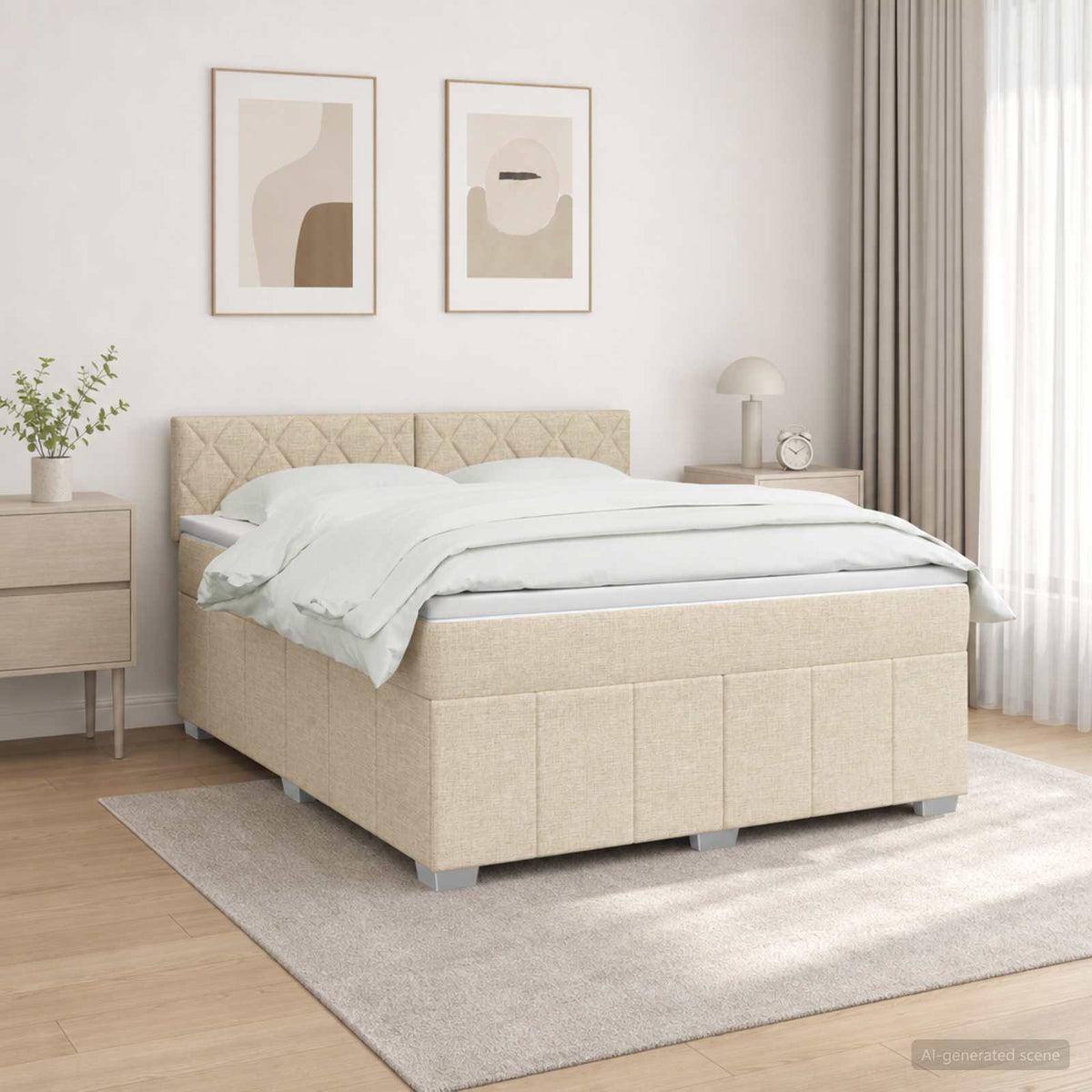 vidaXL Łóżko z box spring LED z materacem kremowy 140 x 200 cm tkanina