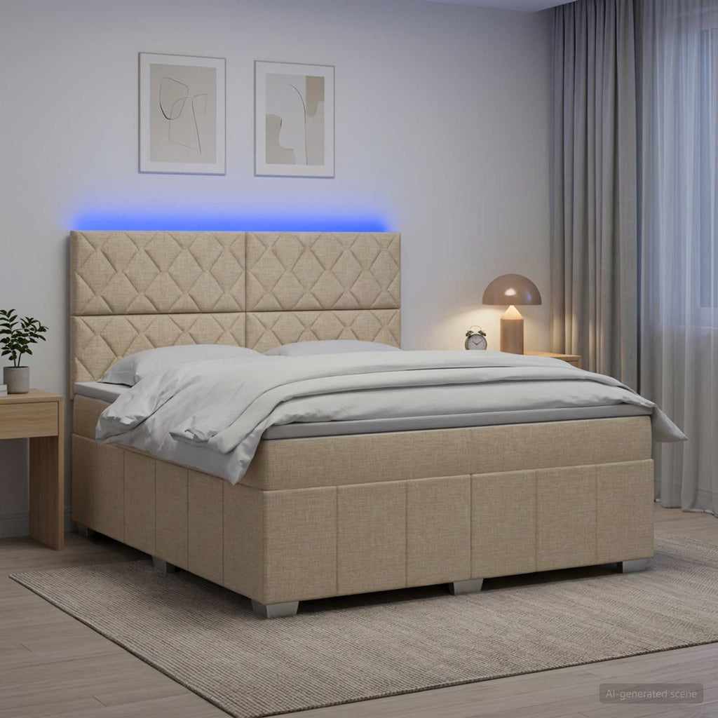 vidaXL Łóżko z box spring LED z materacem kremowy 140 x 190 cm tkanina