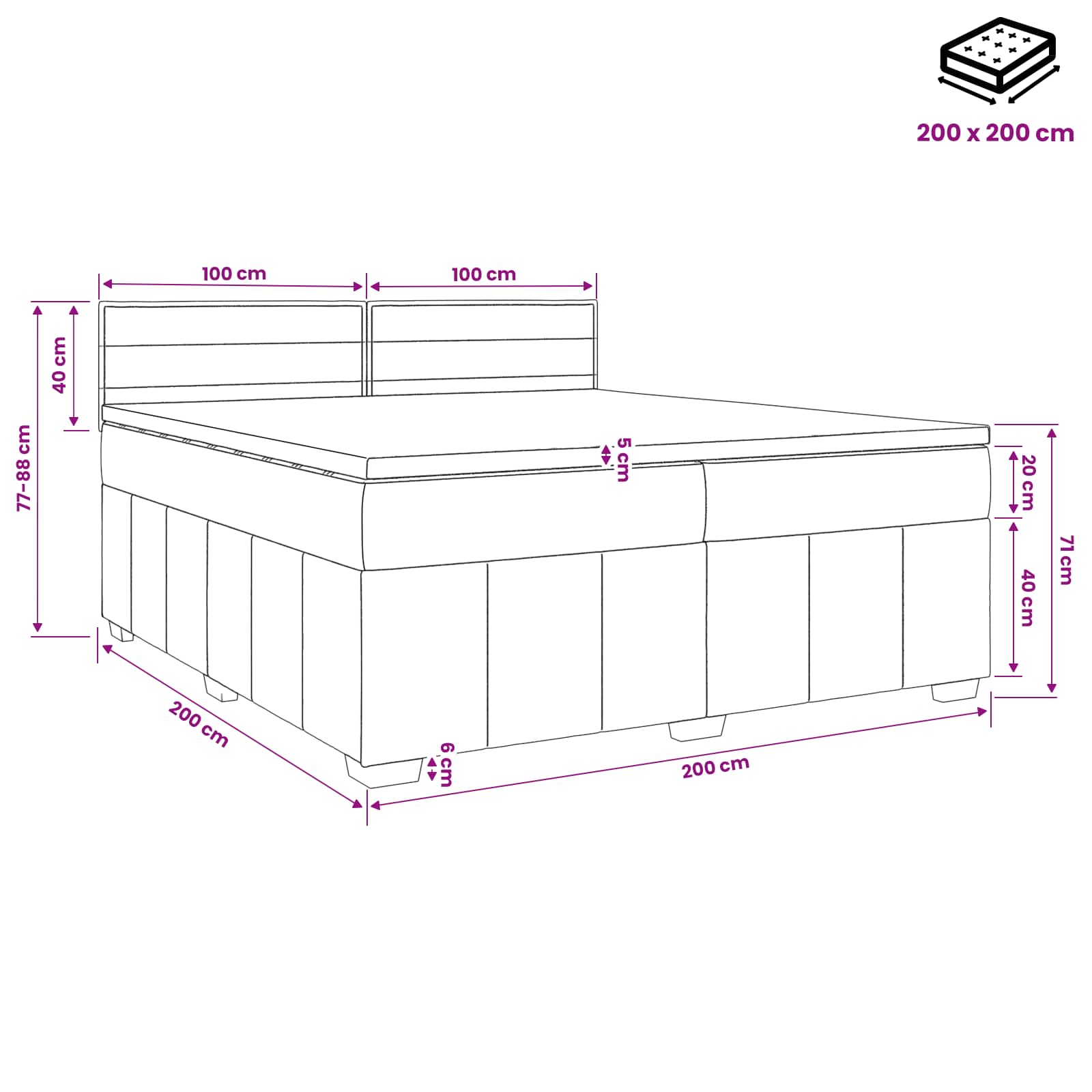 vidaXL Łóżko z box spring LED z materacem ciemnoszary 200 x 200 cm