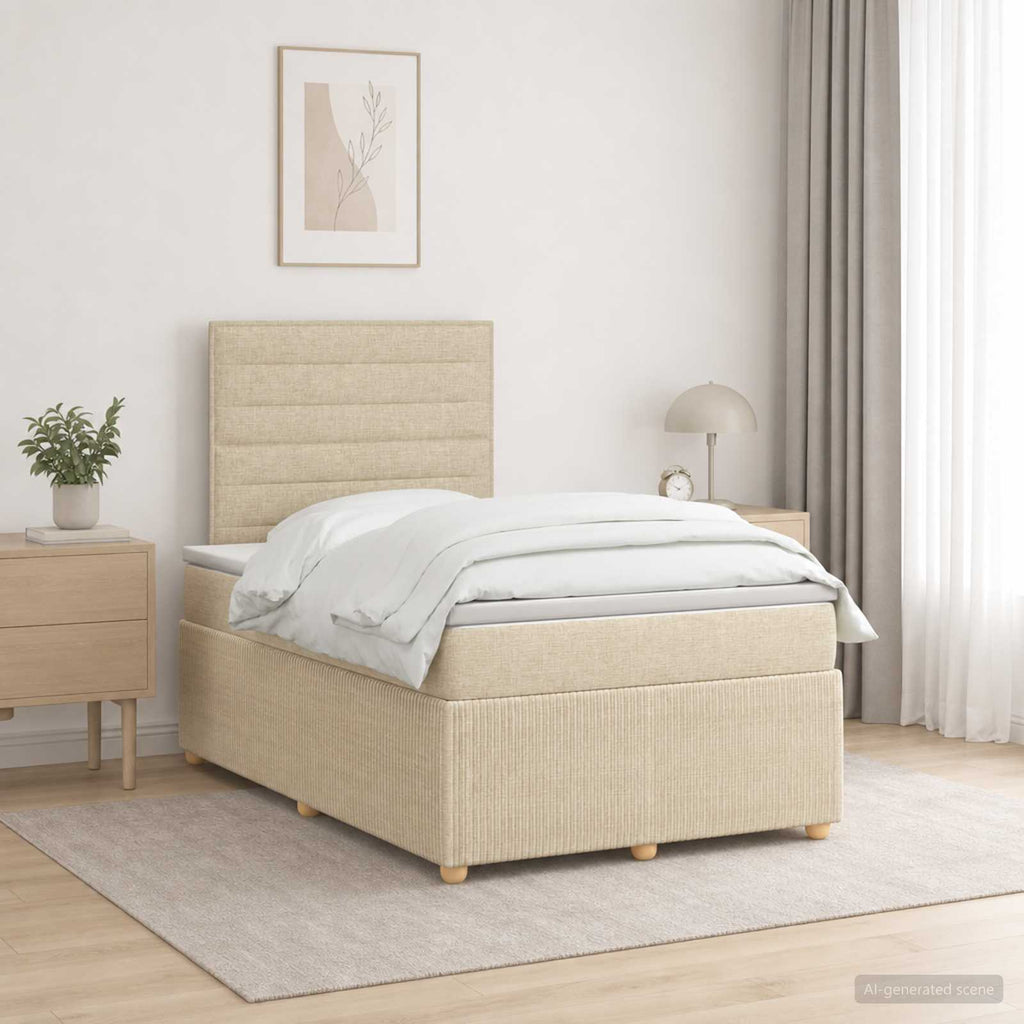 vidaXL Łóżko z box spring LED z materacem kremowy 120 x 200 cm tkanina