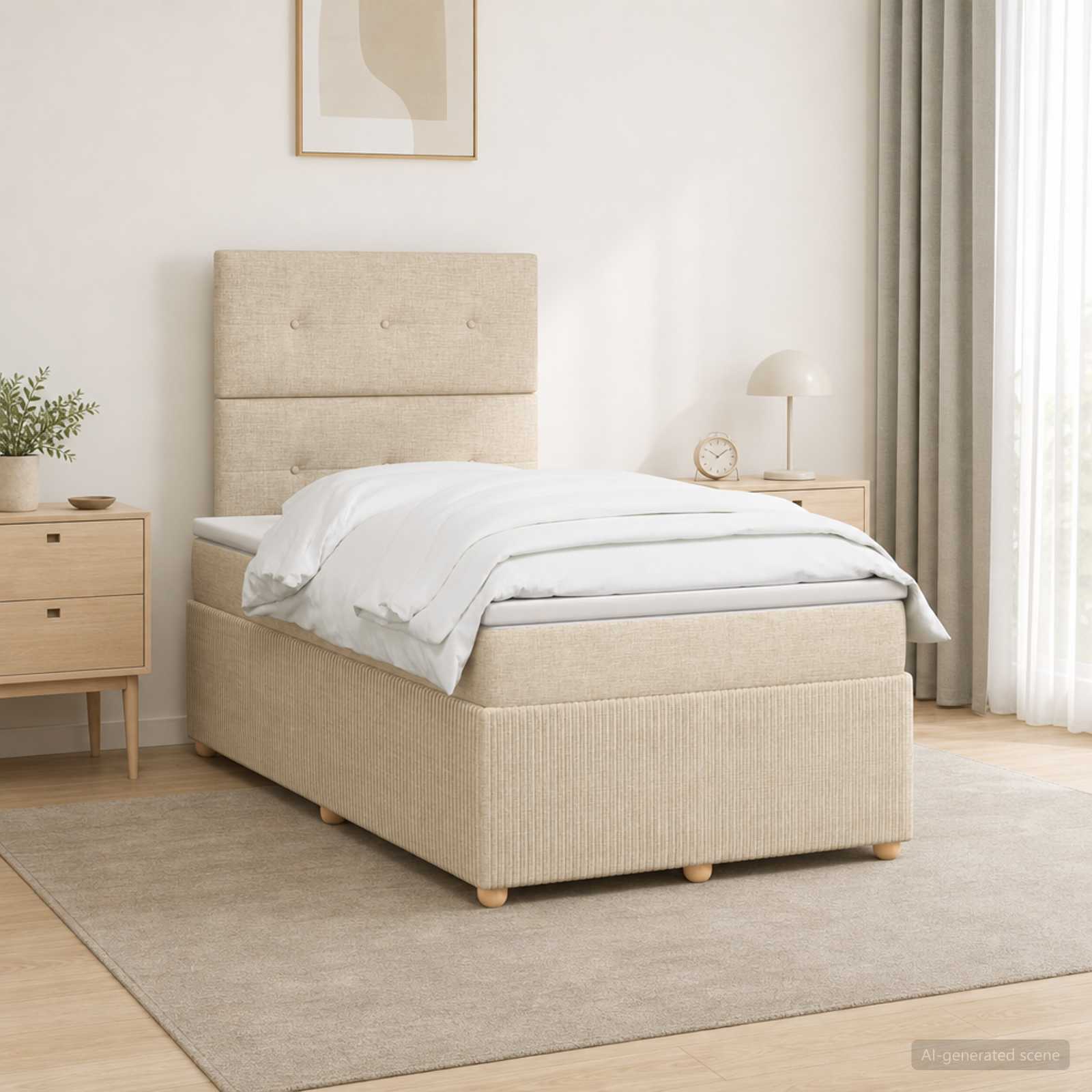 vidaXL Łóżko z box spring LED z materacem kremowy 120 x 200 cm tkanina