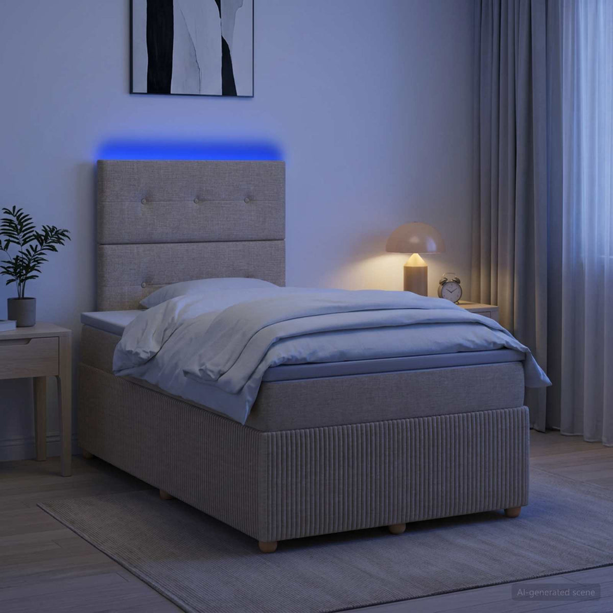 vidaXL Łóżko z box spring LED z materacem kremowy 120 x 200 cm tkanina
