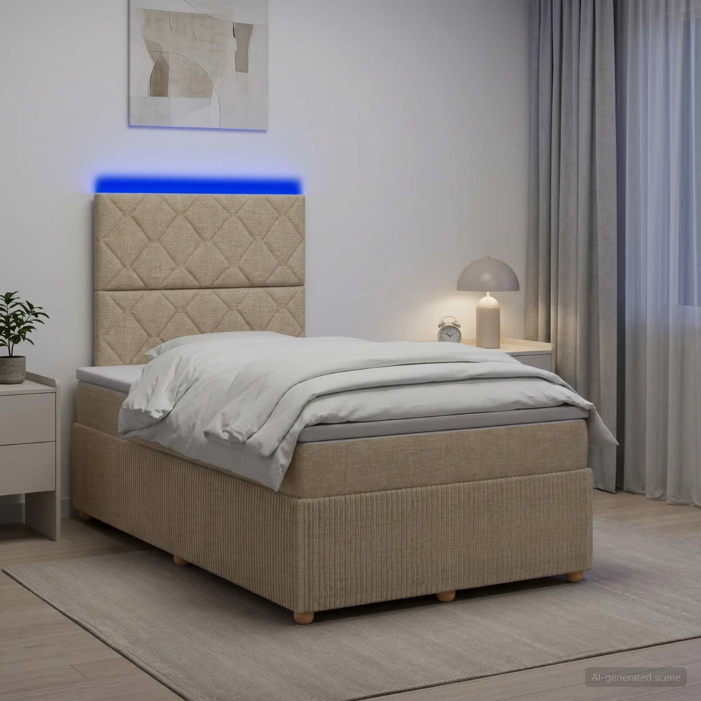 vidaXL Łóżko z box spring LED z materacem kremowy 120 x 200 cm tkanina