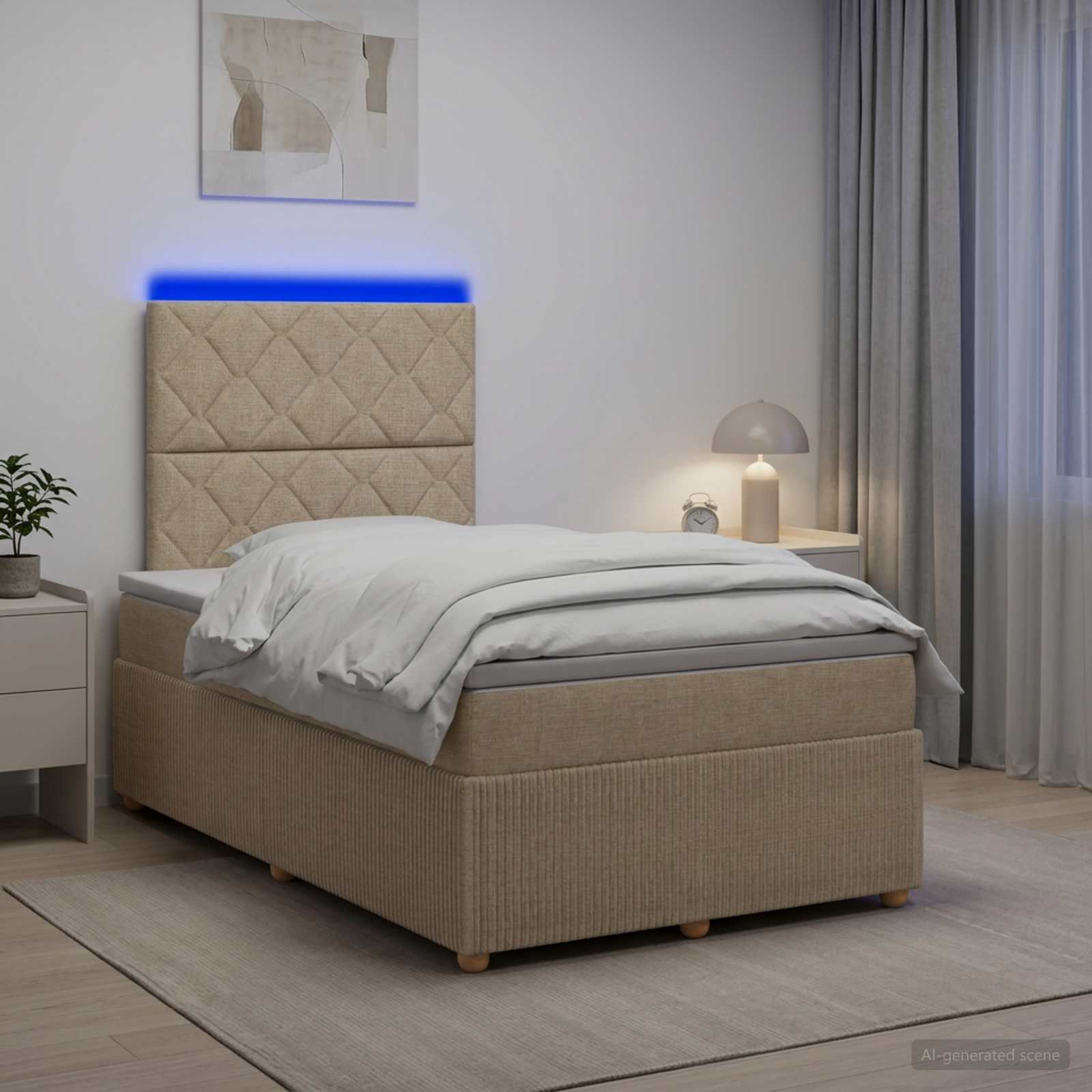 vidaXL Łóżko z box spring LED z materacem kremowy 120 x 200 cm tkanina