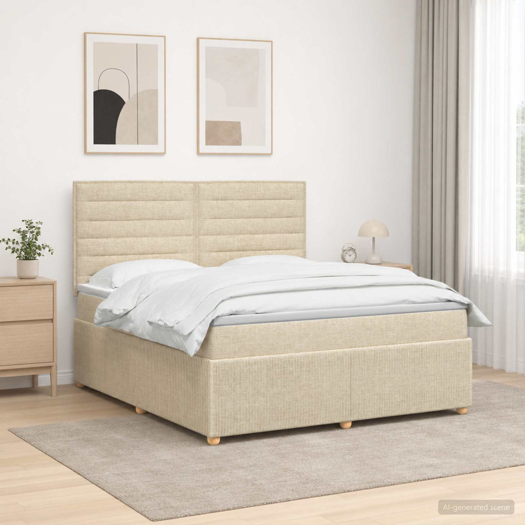 vidaXL Łóżko z box spring LED z materacem kremowy 140 x 190 cm tkanina