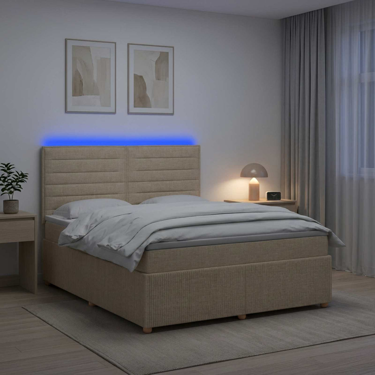 vidaXL Łóżko z box spring LED z materacem kremowy 140 x 200 cm tkanina