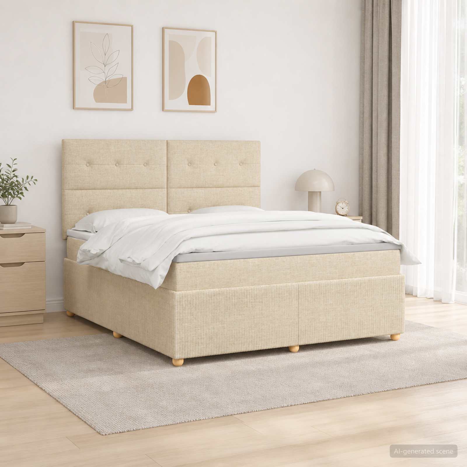 vidaXL Łóżko z box spring LED z materacem kremowy 160 x 200 cm tkanina