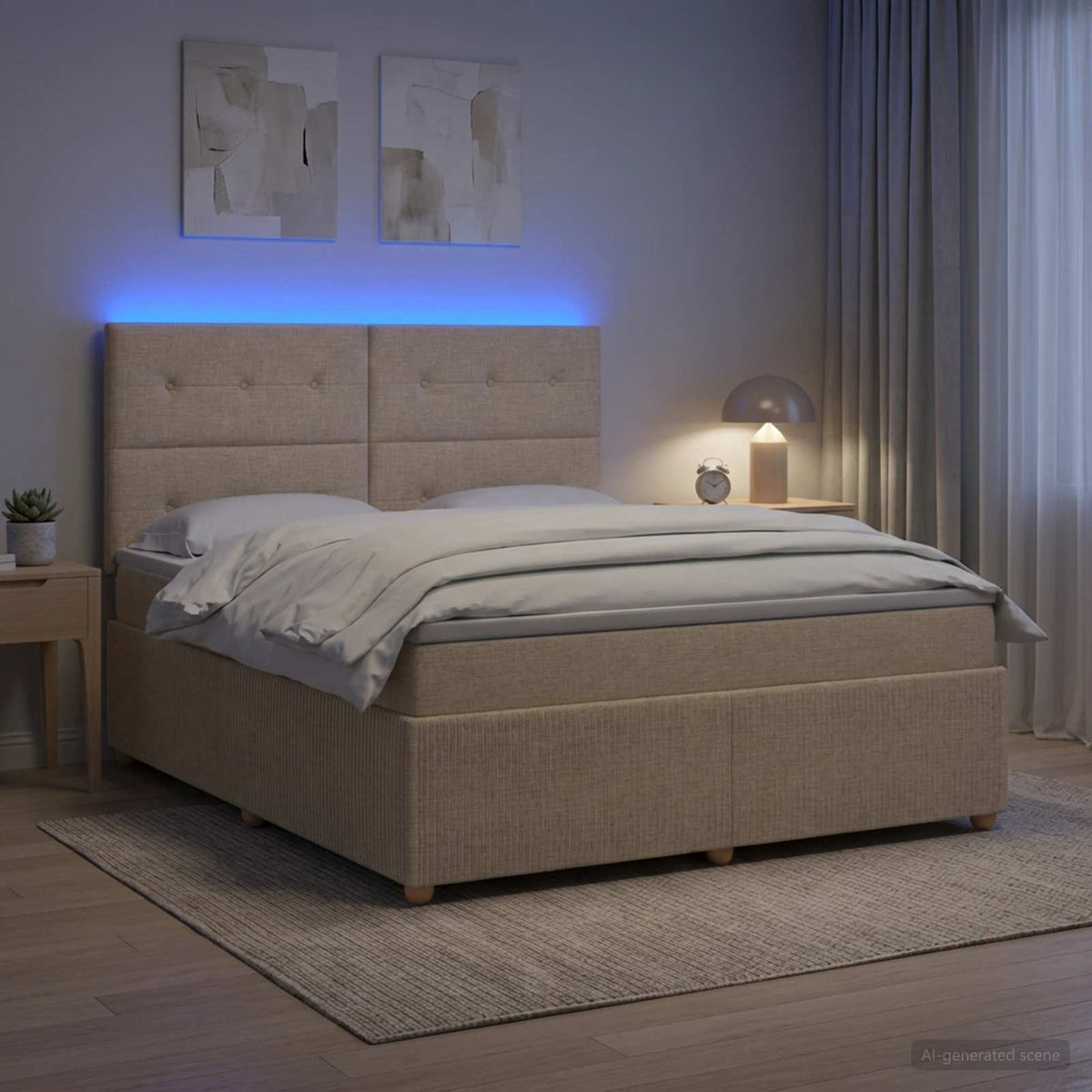 vidaXL Łóżko z box spring LED z materacem kremowy 160 x 200 cm tkanina