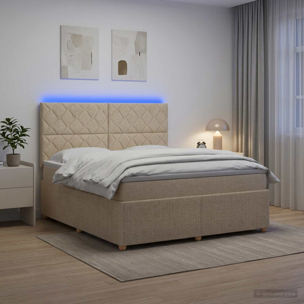 vidaXL Łóżko z box spring LED z materacem kremowy 180 x 200 cm tkanina