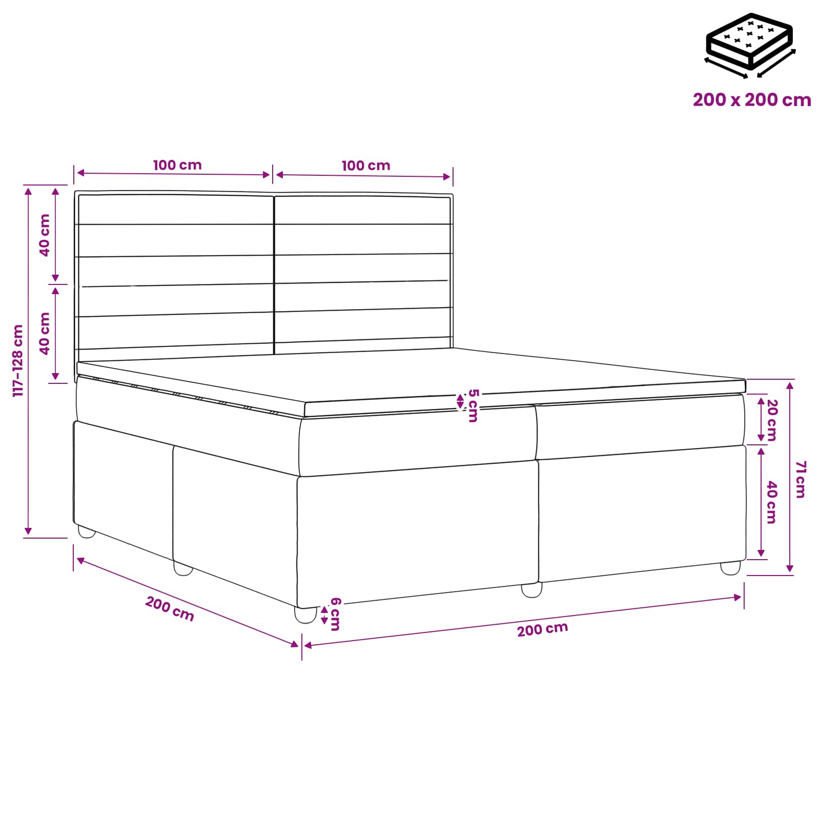 vidaXL Łóżko z box spring LED z materacem jasnoszary 200 x 200 cm