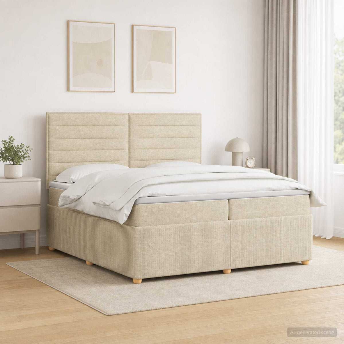 vidaXL Łóżko z box spring LED z materacem kremowy 200 x 200 cm tkanina