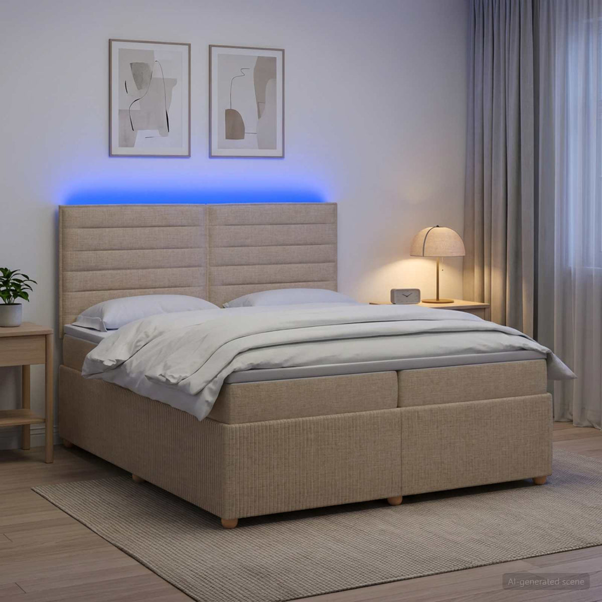 vidaXL Łóżko z box spring LED z materacem kremowy 200 x 200 cm tkanina