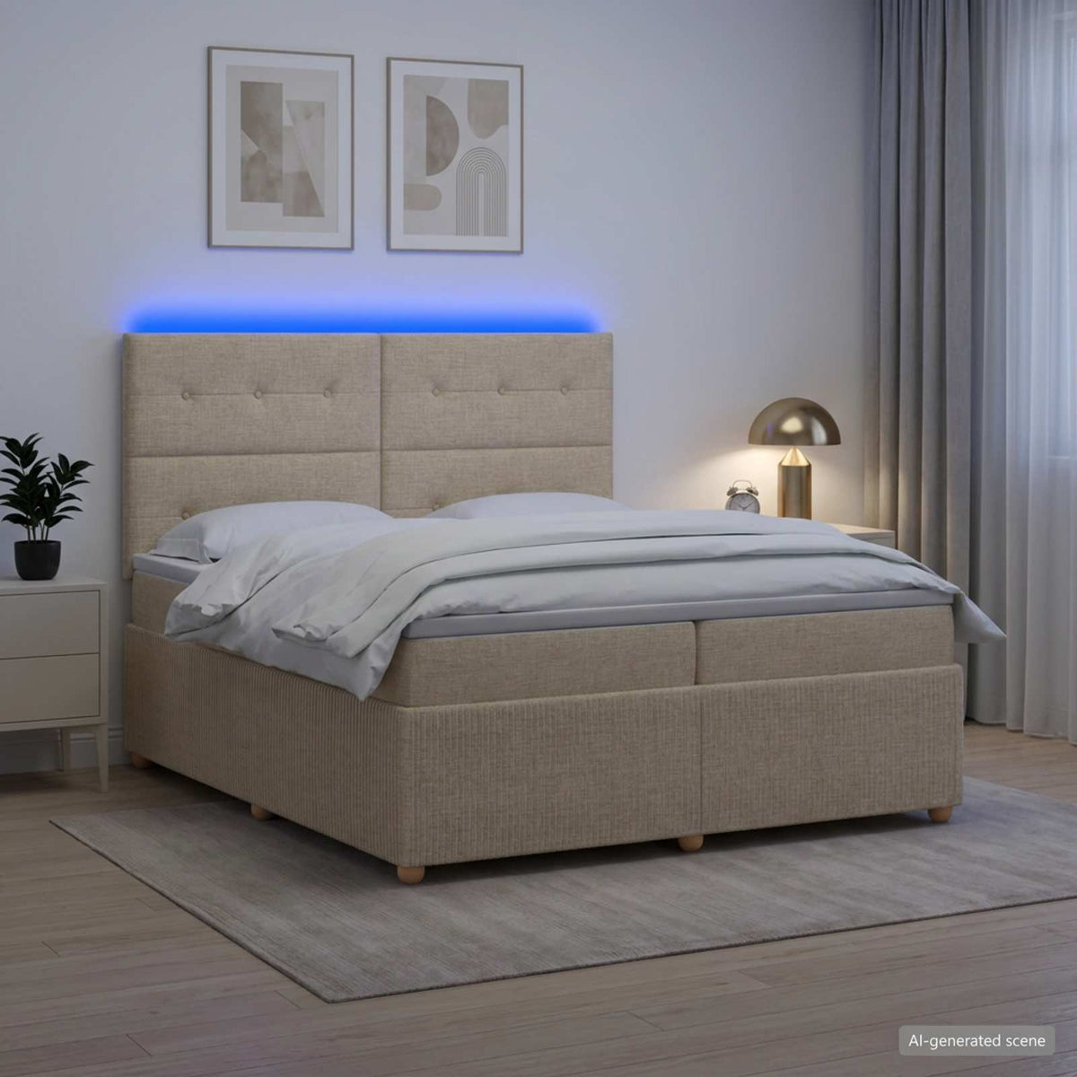 vidaXL Łóżko z box spring LED z materacem kremowy 200 x 200 cm tkanina
