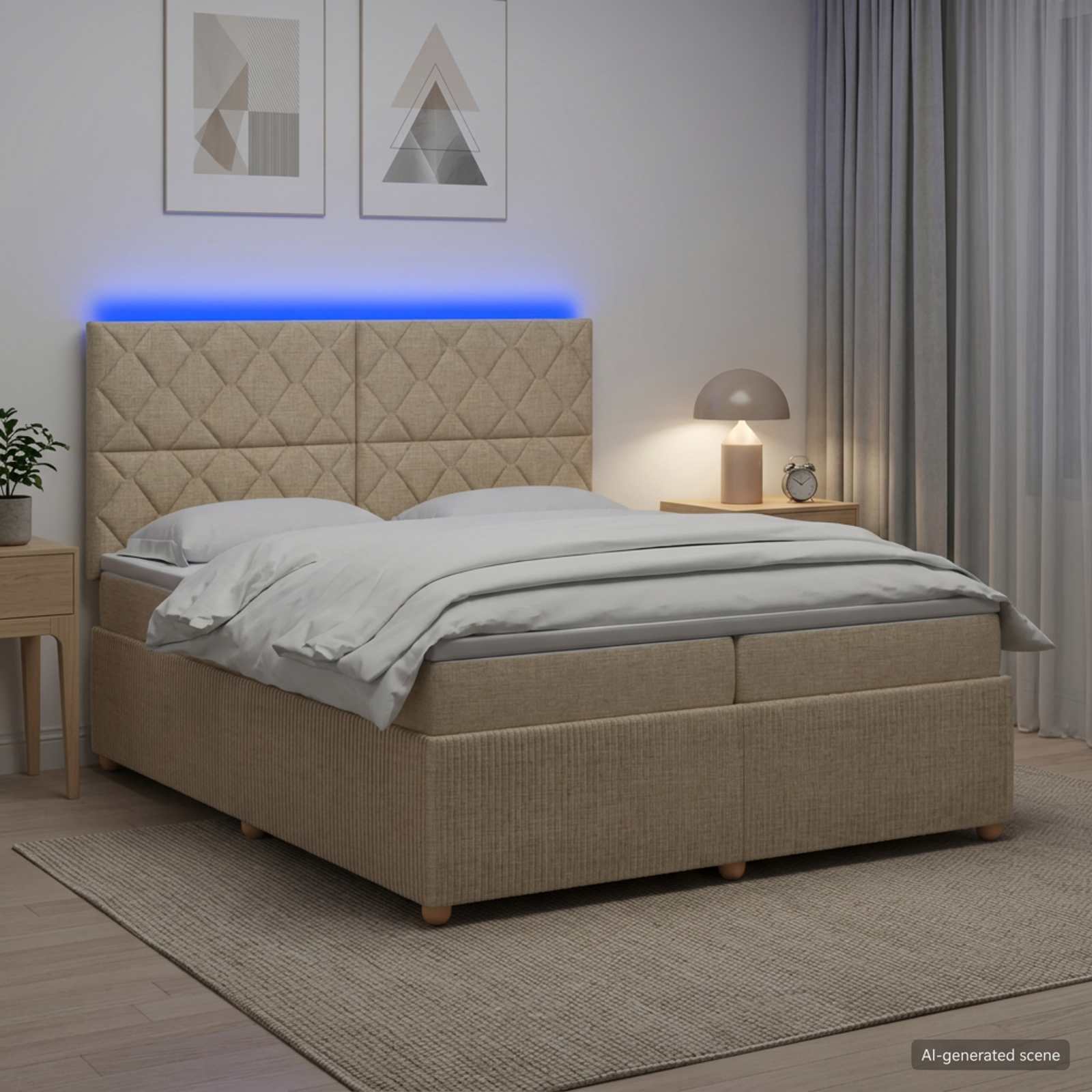 vidaXL Łóżko z box spring LED z materacem kremowy 200 x 200 cm tkanina