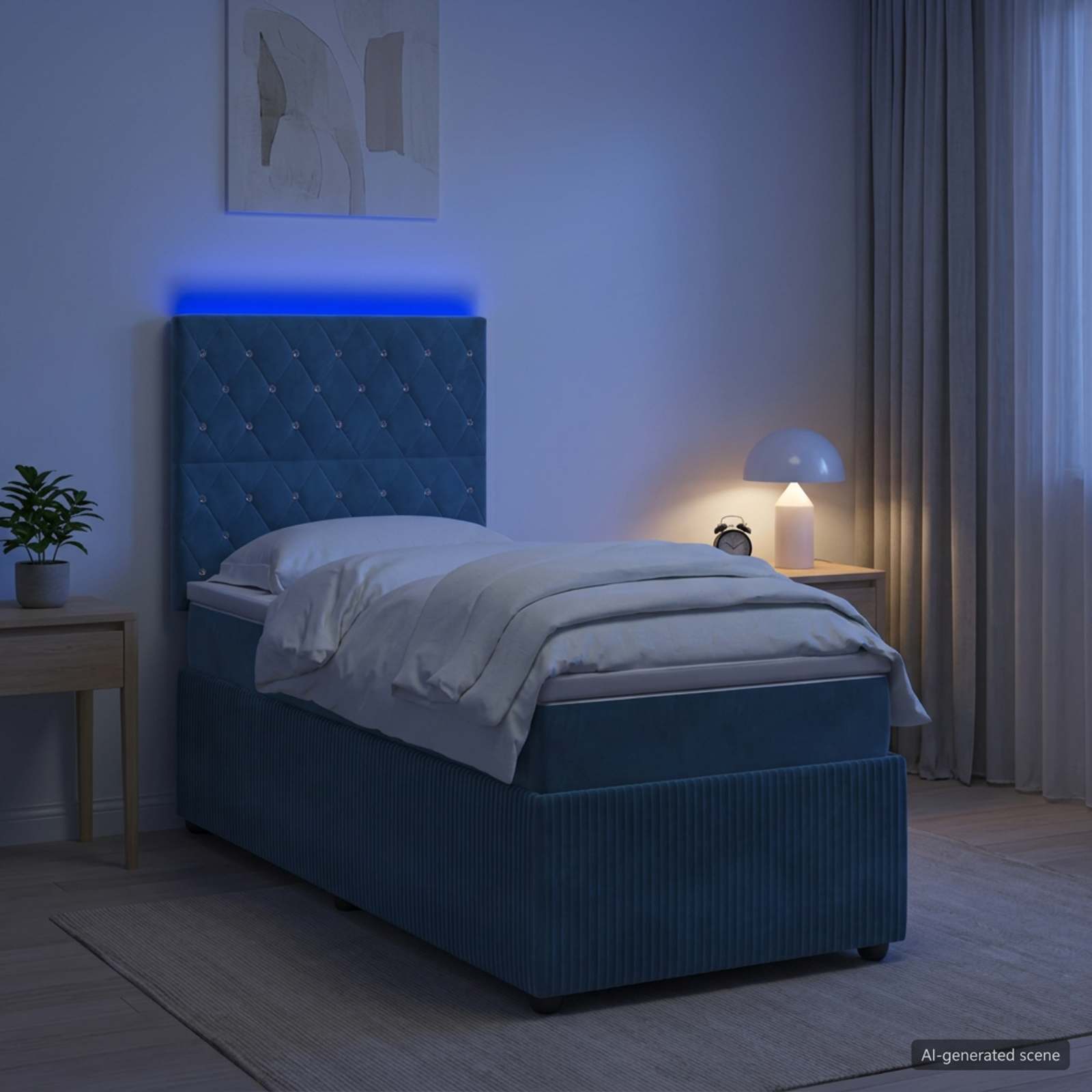 vidaXL Łóżko z box spring LED z materacem niebieski 100 x 200 cm Welur