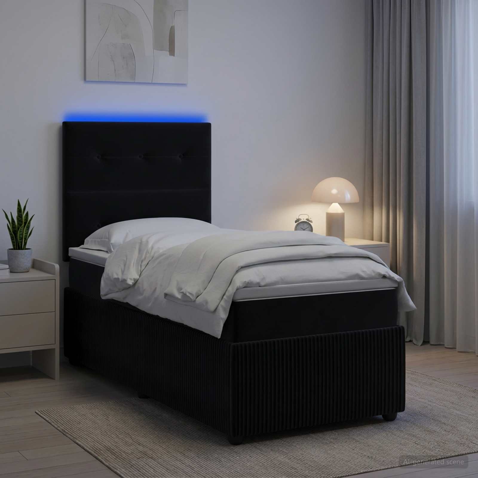 vidaXL Łóżko z box spring LED z materacem Czarny 90 x 200 cm Welur