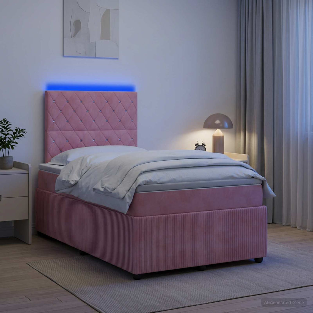 vidaXL Łóżko z box spring LED z materacem różowy 120 x 190 cm Welur