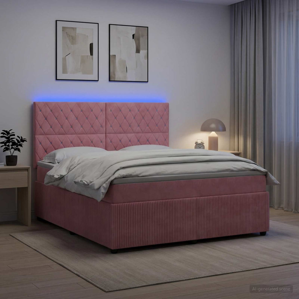 vidaXL Łóżko z box spring LED z materacem różowy 180 x 200 cm Welur