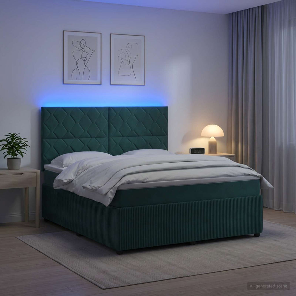 vidaXL Łóżko z box spring LED z materacem Ciemnozielony 160 x 200 cm