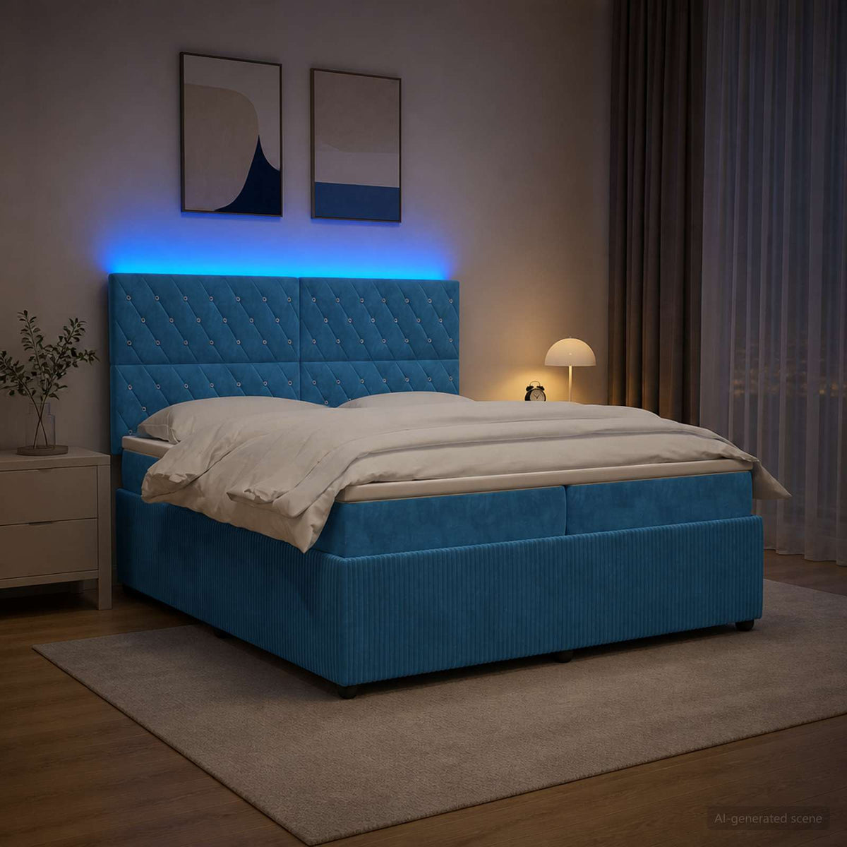 vidaXL Łóżko z box spring LED z materacem niebieski 200 x 200 cm Welur
