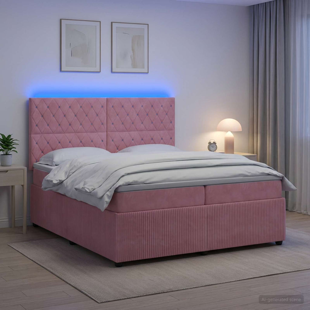 vidaXL Łóżko z box spring LED z materacem różowy 200 x 200 cm Welur