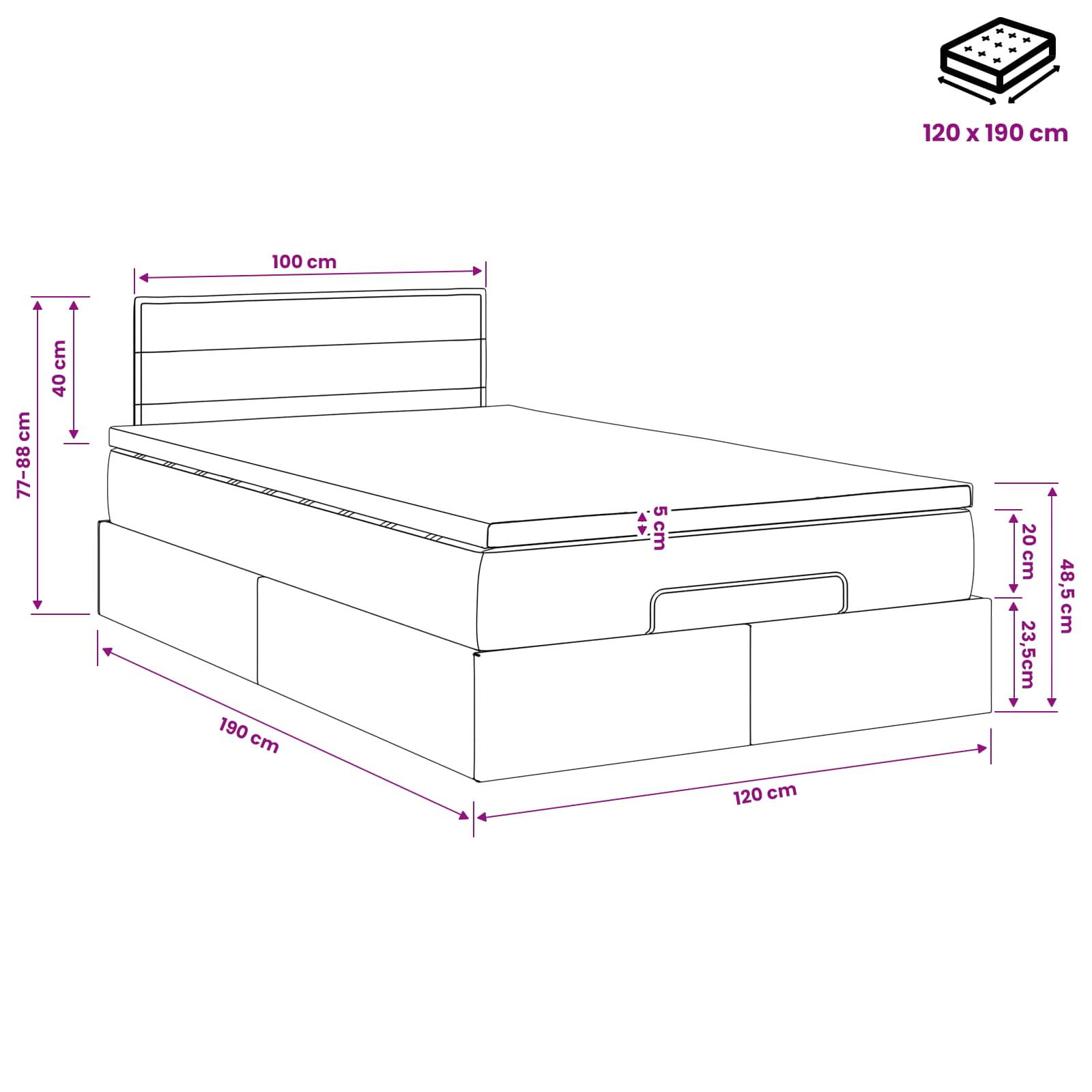 vidaXL Łóżko ottoman z materacem Czarny 120 x 190 cm tkanina