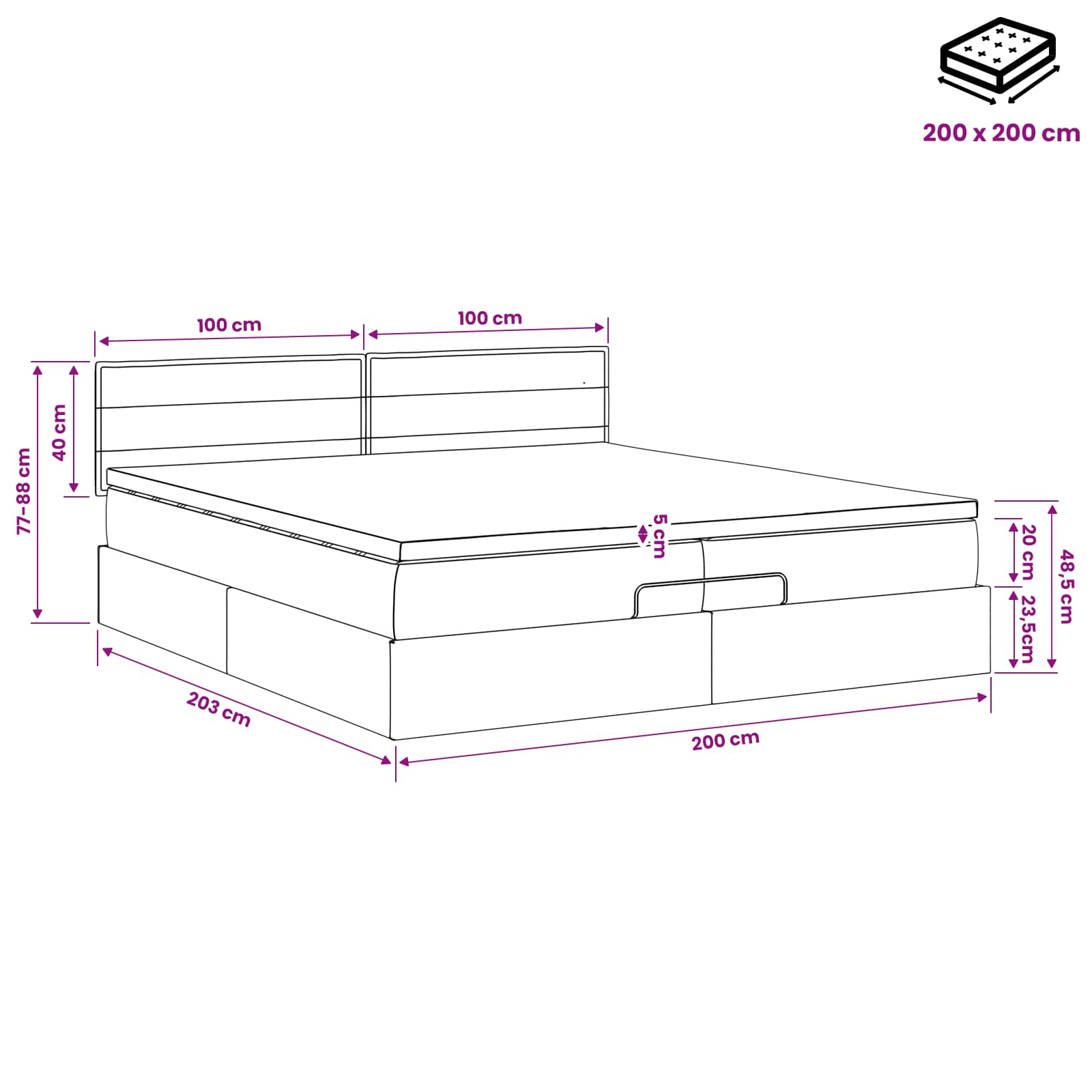 vidaXL Łóżko ottoman z materacem Czarny 200 x 200 cm tkanina