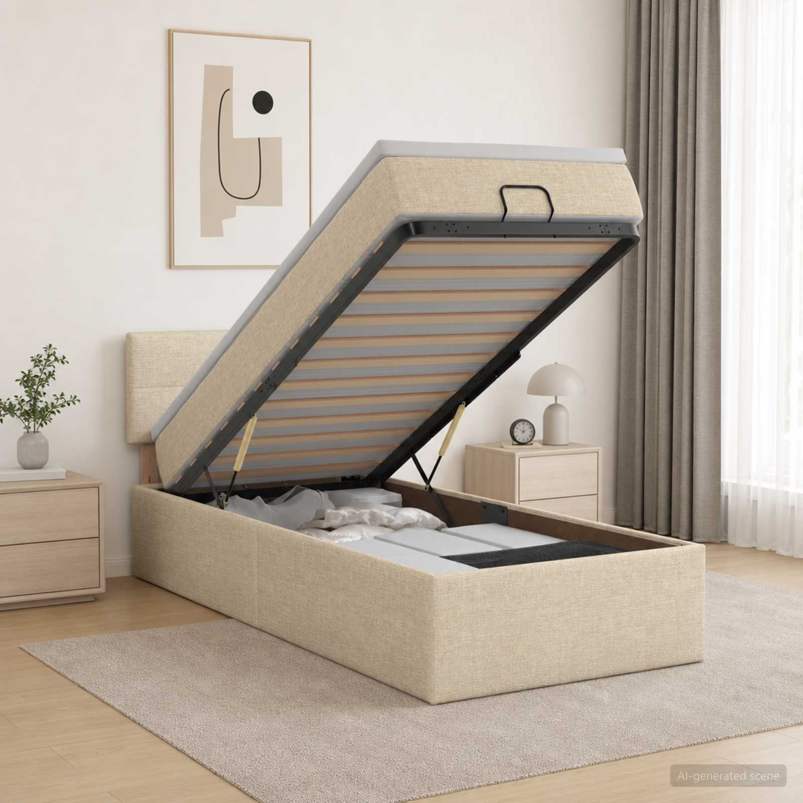 vidaXL Łóżko ottoman z materacem kremowy 100 x 200 cm tkanina