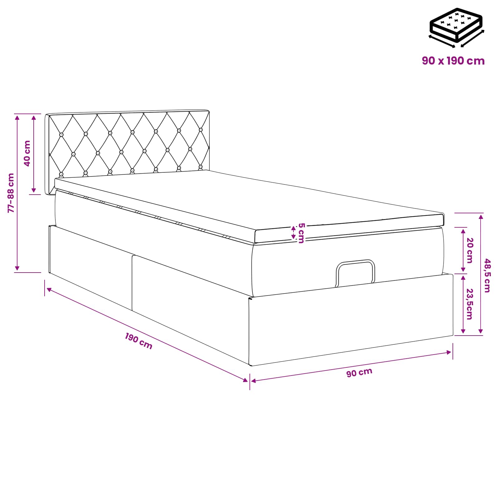 vidaXL Łóżko ottoman z materacem jasnoszary 90 x 190 cm Welur