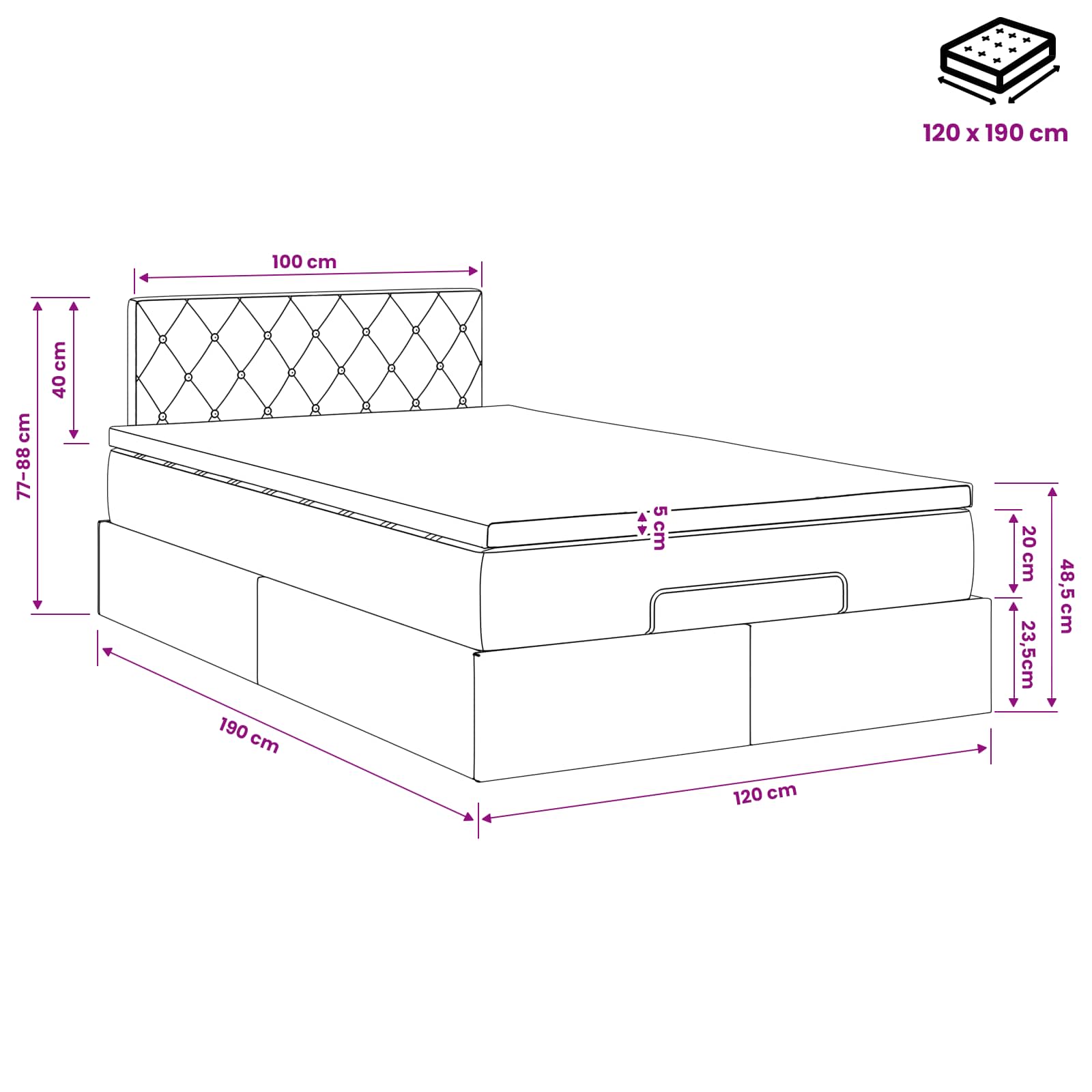 vidaXL Łóżko ottoman z materacem ciemnoszary 120 x 190 cm Welur