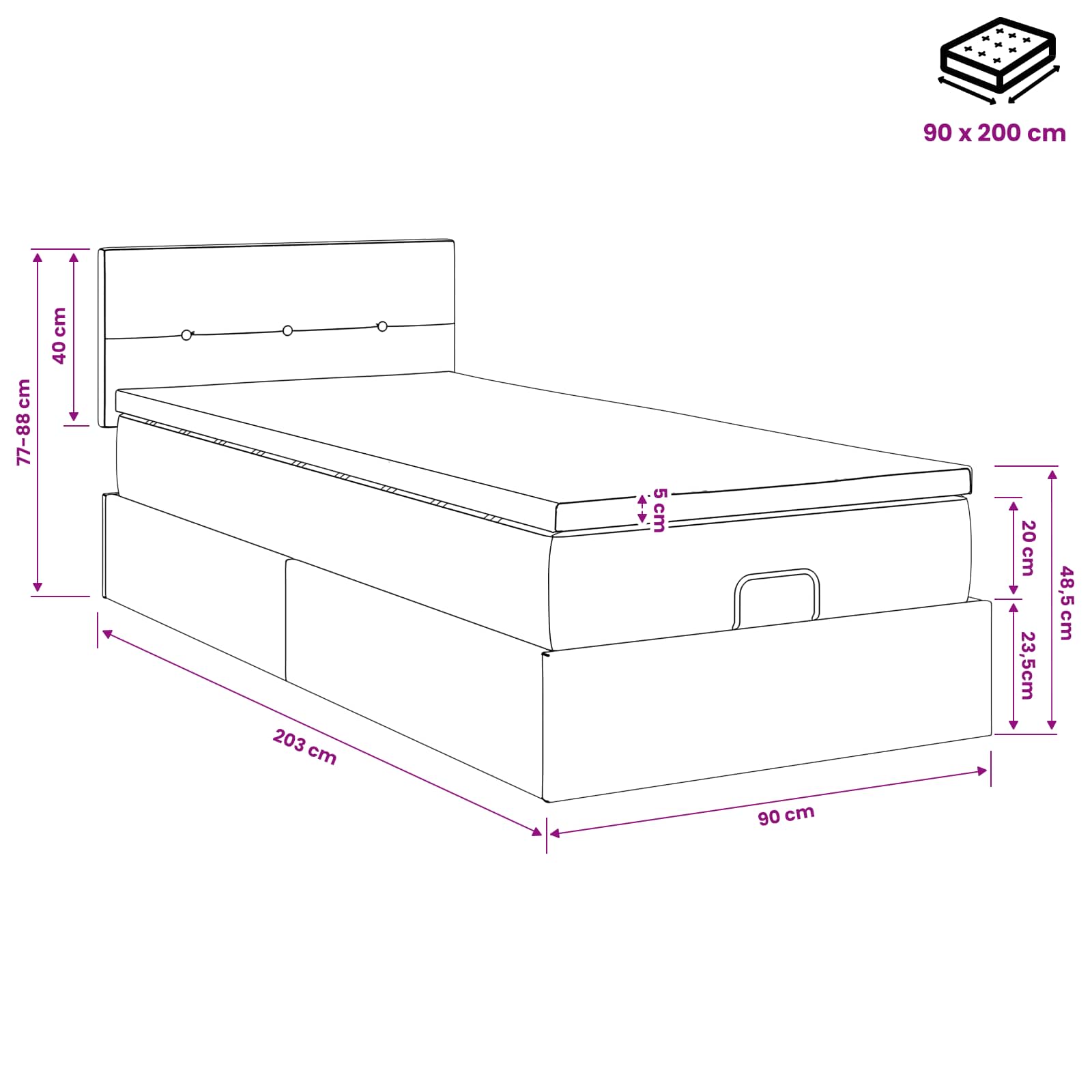 vidaXL Łóżko ottoman z materacem ciemnoszary 90 x 200 cm Welur
