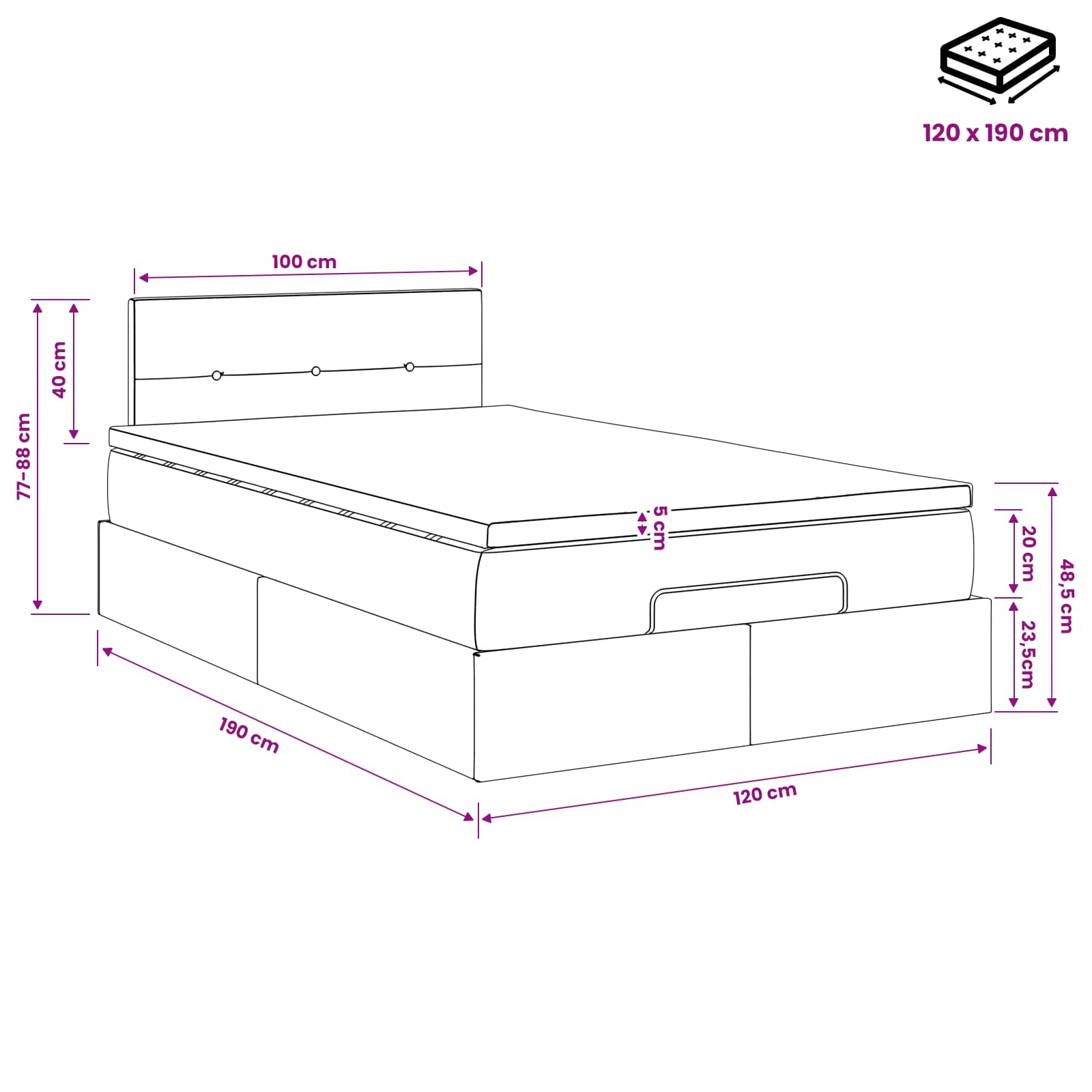 vidaXL Łóżko ottoman z materacem ciemnoszary 120 x 190 cm Welur