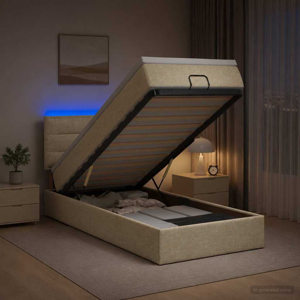 vidaXL Łóżko z pojemnikiem i materacem LED kremowy 90 x 200 cm tkanina