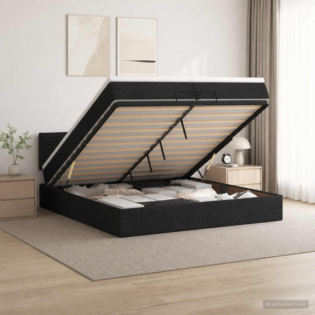 vidaXL Łóżko z pojemnikiem i materacem LED Czarny 200 x 200 cm tkanina