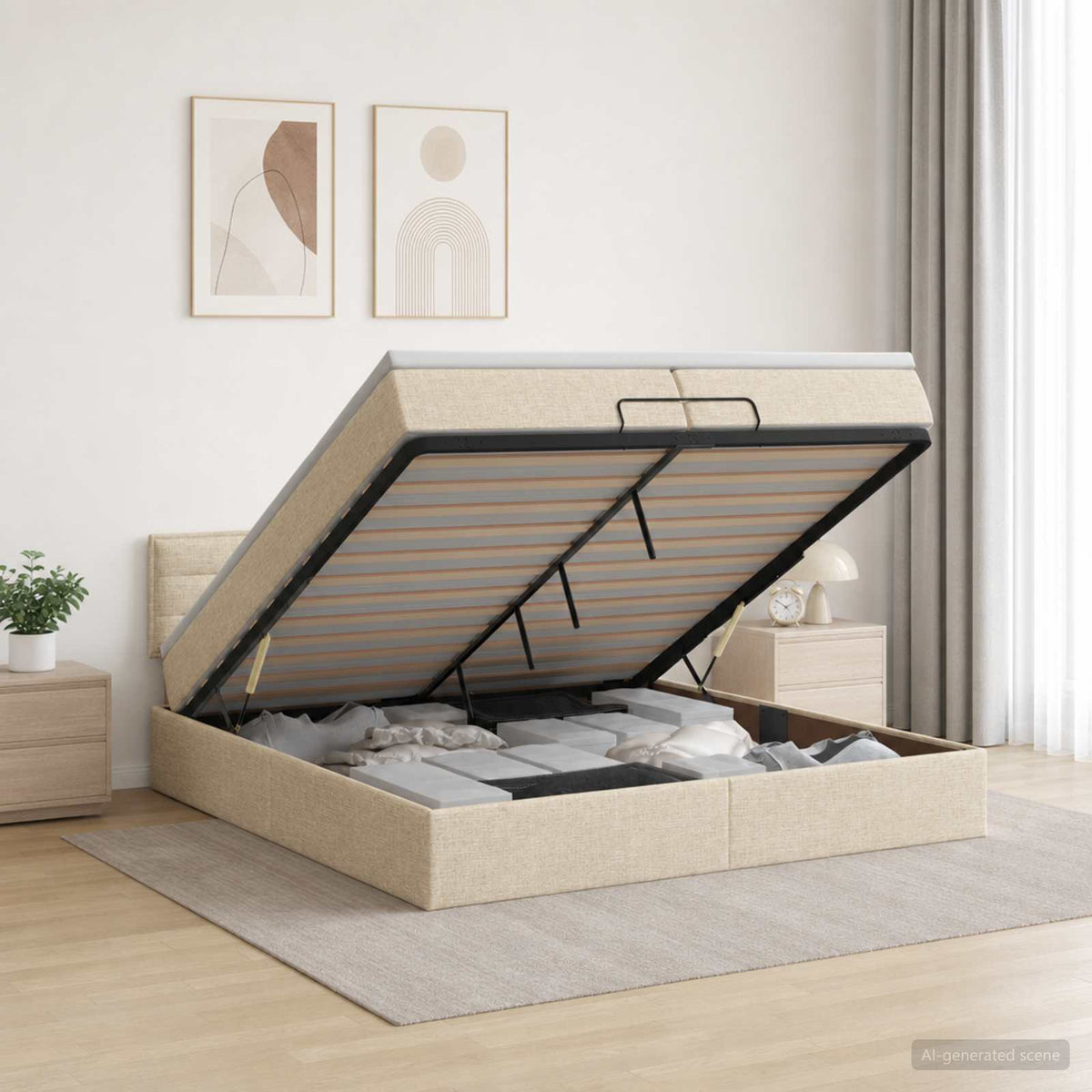 vidaXL Łóżko z pojemnikiem i materacem LED kremowy 200 x 200 cm