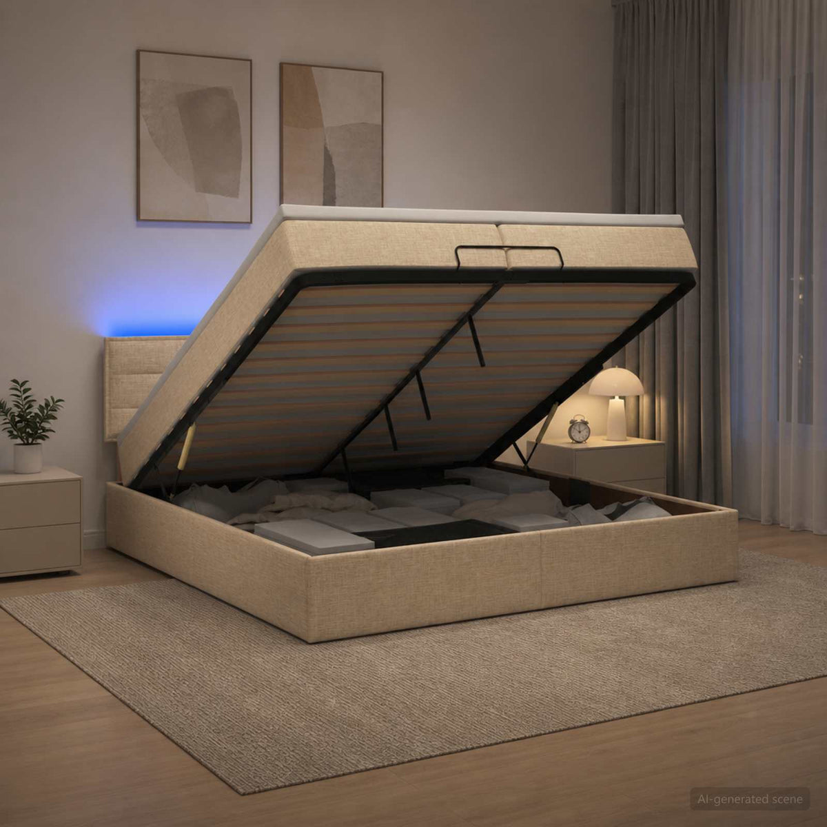vidaXL Łóżko z pojemnikiem i materacem LED kremowy 200 x 200 cm