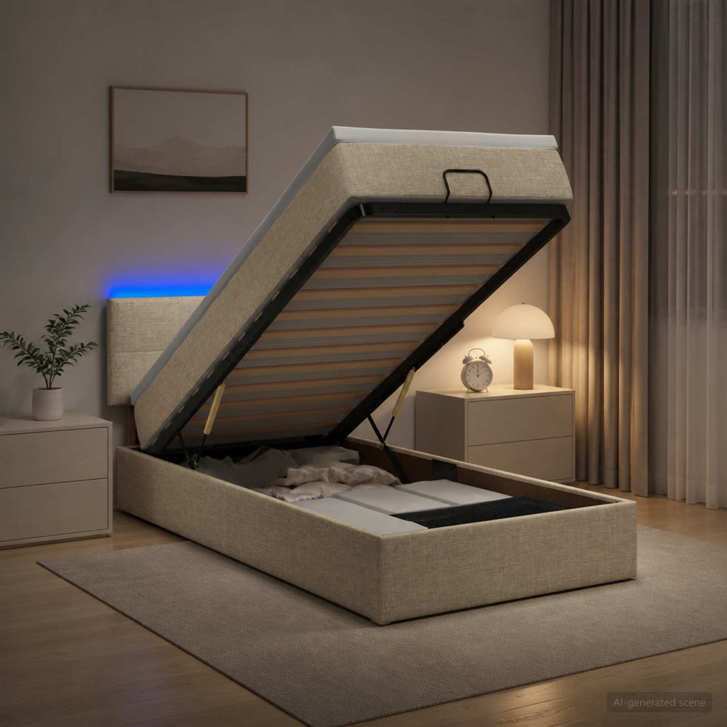 vidaXL Łóżko z pojemnikiem i materacem LED kremowy 90 x 200 cm tkanina