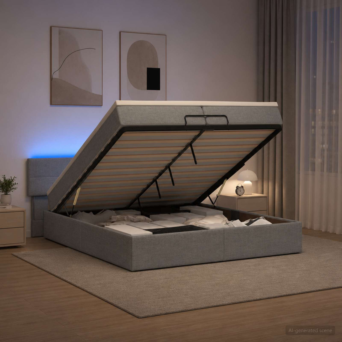 vidaXL Łóżko z pojemnikiem i materacem LED jasnoszary 200 x 200 cm