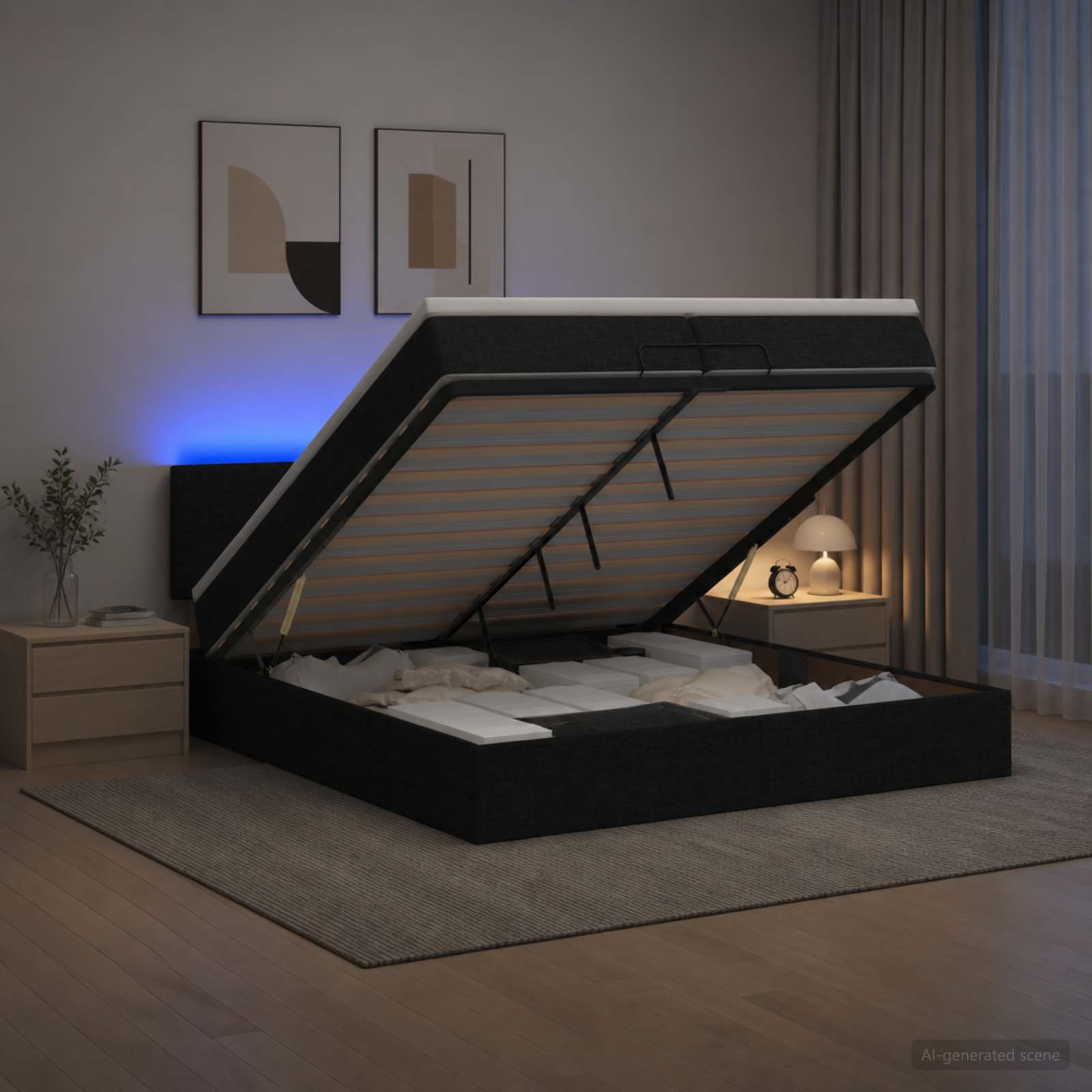 vidaXL Łóżko z pojemnikiem i materacem LED Czarny 200 x 200 cm tkanina