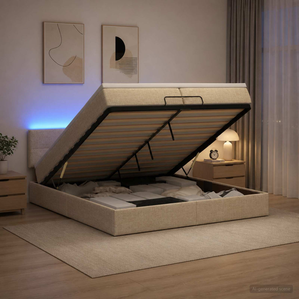 vidaXL Łóżko z pojemnikiem i materacem LED kremowy 200 x 200 cm