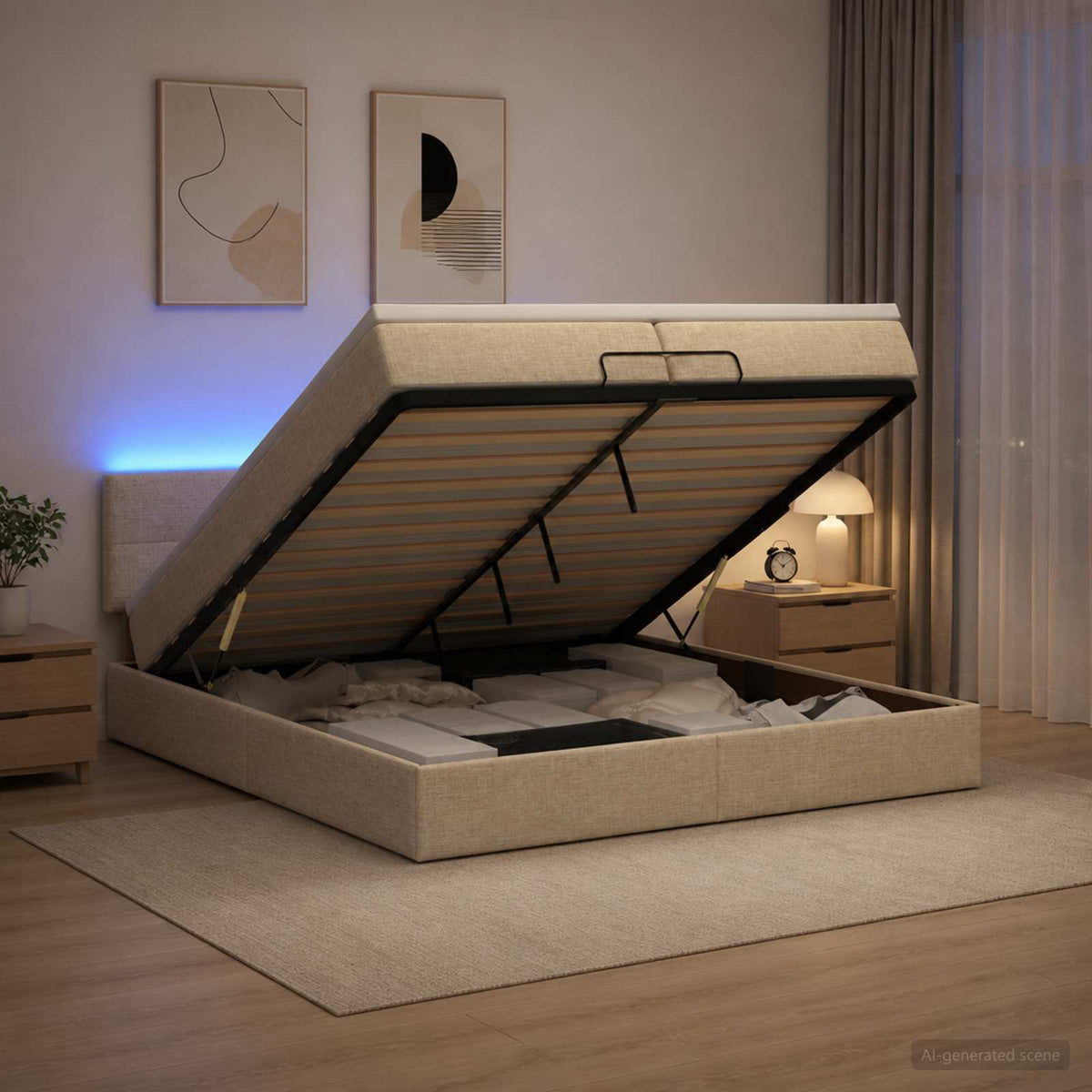 vidaXL Łóżko z pojemnikiem i materacem LED kremowy 200 x 200 cm