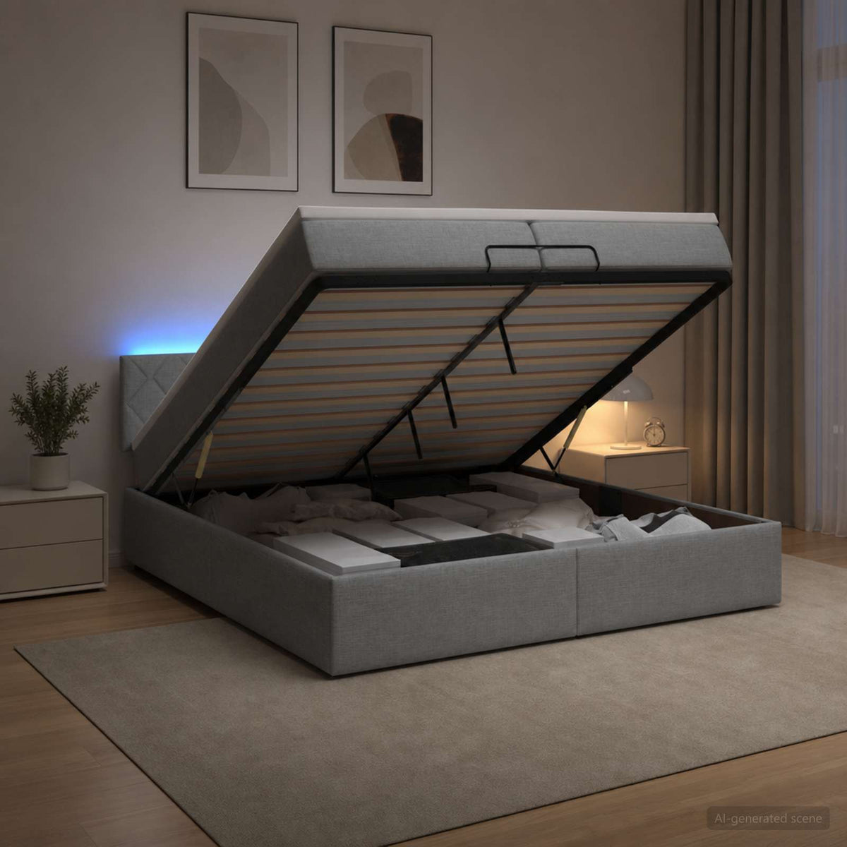 vidaXL Łóżko z pojemnikiem i materacem LED jasnoszary 200 x 200 cm